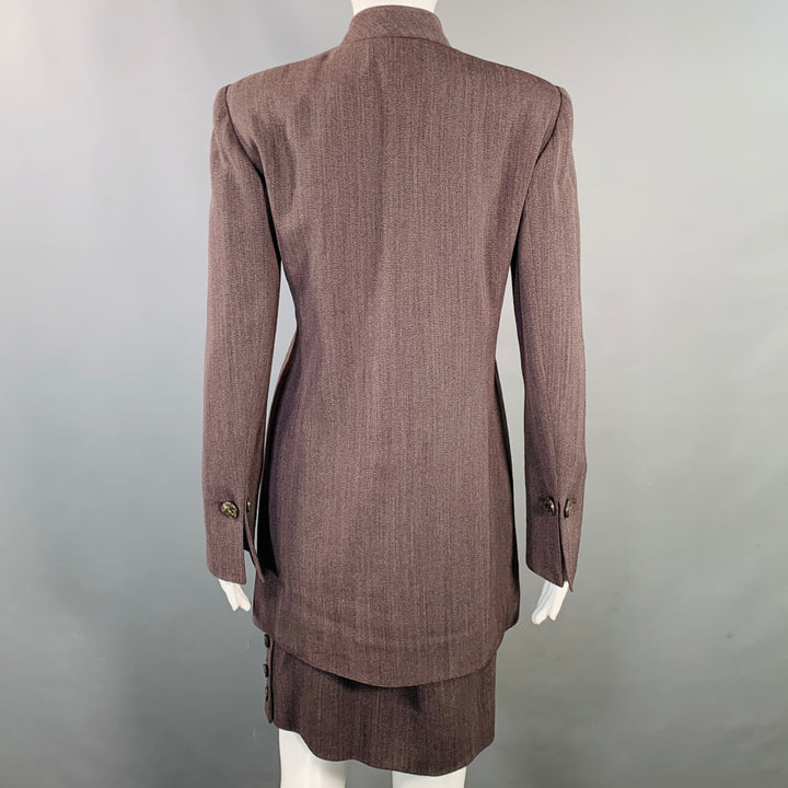 EMANUEL UNGARO Size 6 Purple Brown Wool Twill Mandarin Collar Midi Pencil Skirt Suit