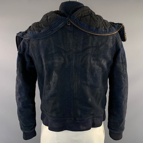 BALMAIN Size 40 Navy Distressed Cotton Bomber Jacket