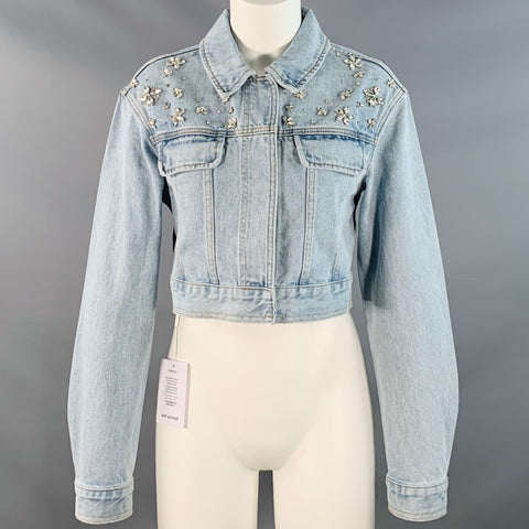 SELF-PORTRAIT Size 6 Blue Cotton Rhinestones Cropped Denim Jacket