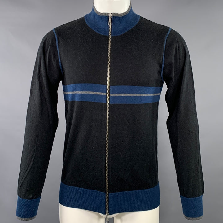 BARNEY'S CO-OP Size M Black Blue Grey Stripe Cotton Cashmere Zip Up Sweater