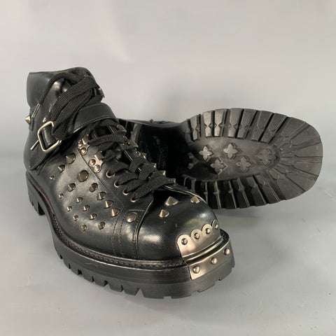 PRADA Size 12 Black Studded Leather Ankle Boots