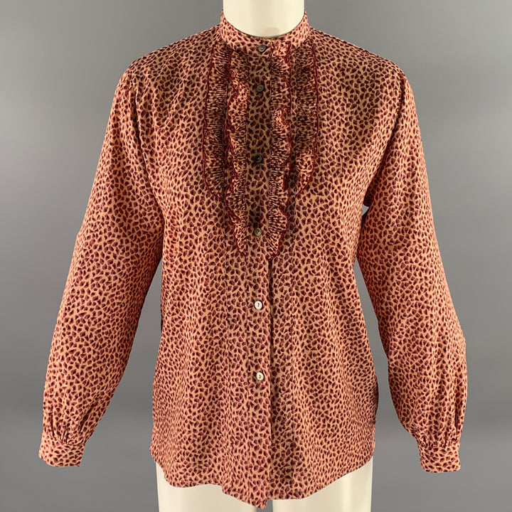 MARQUISE GRAN YAMAKI Size S Pink Burgundy Polyester Blend Leopard Print Band Collar Top