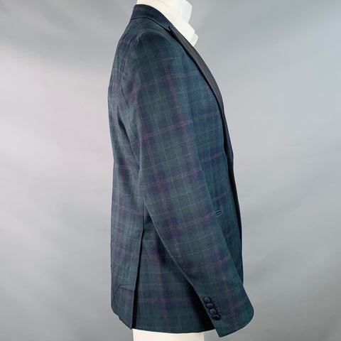 ISAIA Size 40 Green Navy Plaid Wool Peak Lapel Sport Coat