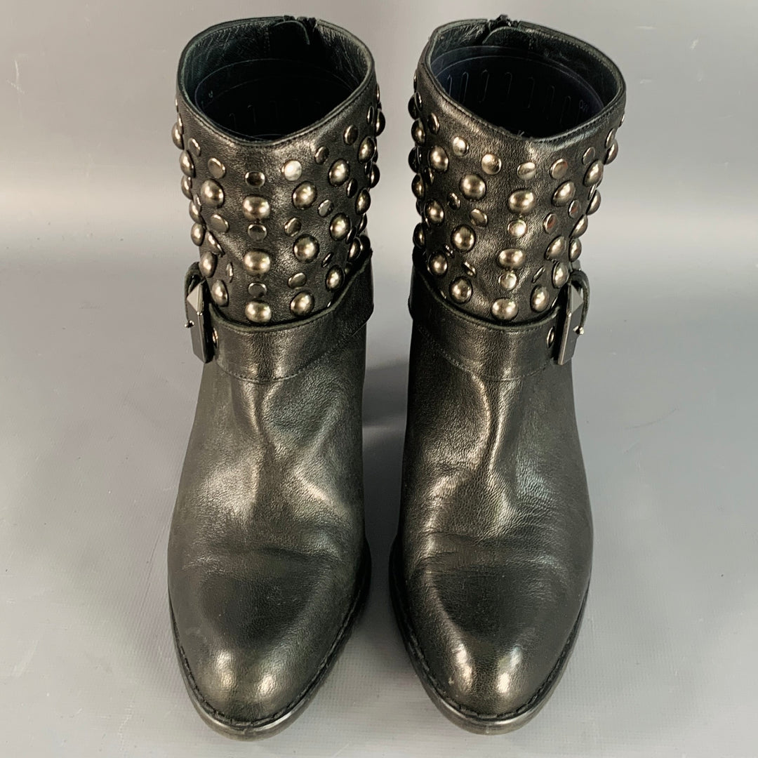 STUART WEITZMAN Size 7 Black Leather Studded Zip Belted Ankle Booties