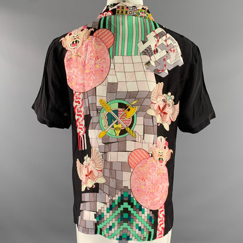 GORMAN Size 12 Black Pink Green Silk Viscose Print Pointed Collar Shirt