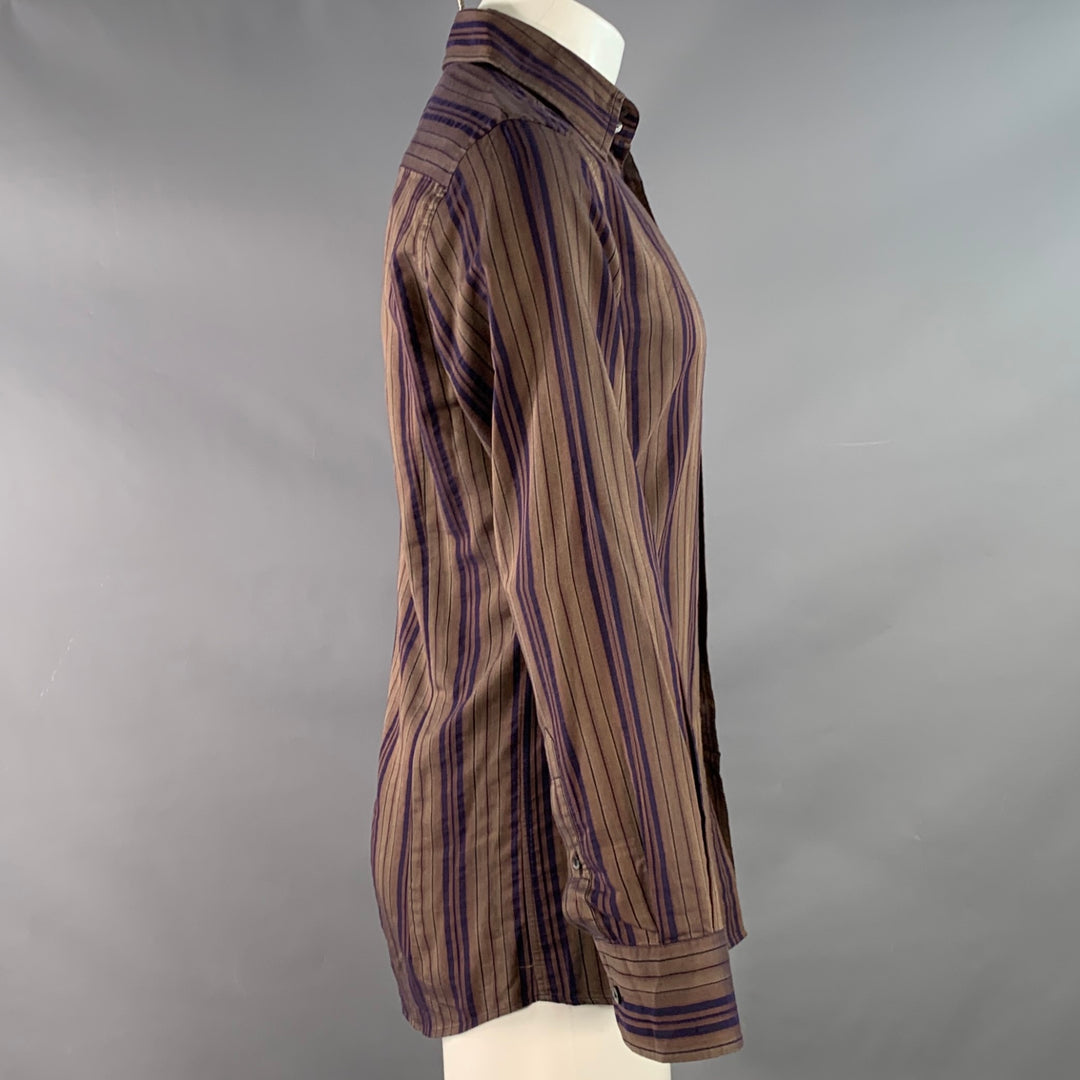 DOLCE & GABBANA Size S Brown Navy Stripe One Pocket Long Sleeve Shirt