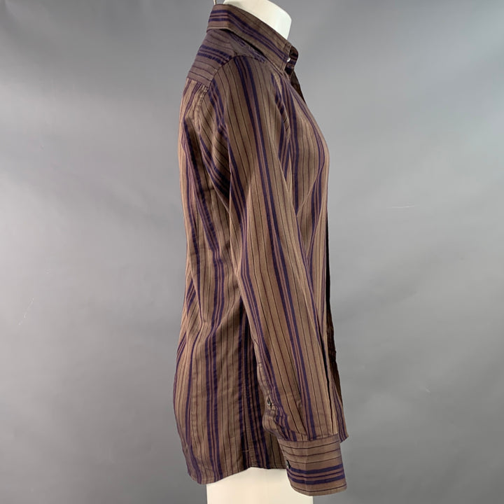 DOLCE & GABBANA Size S Brown Navy Stripe One Pocket Long Sleeve Shirt