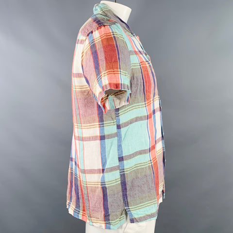 J.CREW Size L Multi-Color Madras Linen One Pocket Short Sleeve Shirt