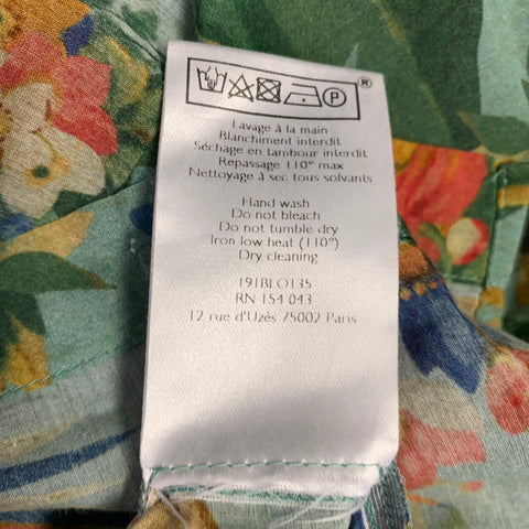 SEZANE Size 4 Green Multi Color Cotton Silk Floral Long Sleeve Blouse