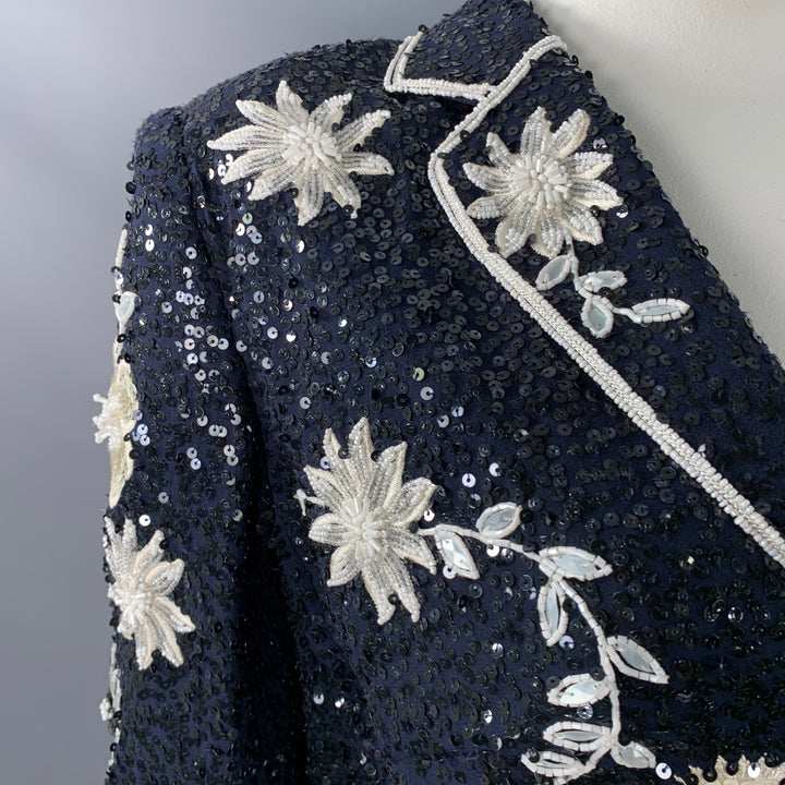 ESCADA Size L Navy Black White Sequined Beaded Floral Jacket Blazer