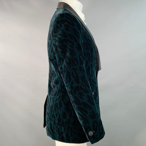 VERSACE COLLECTION Size 38 Green Black Animal Print Velvet Shawl Lapel Sport Coat