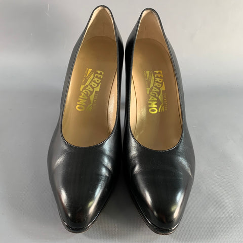 SALVATORE FERRAGAMO Size 9 Black Leather Platform Pumps
