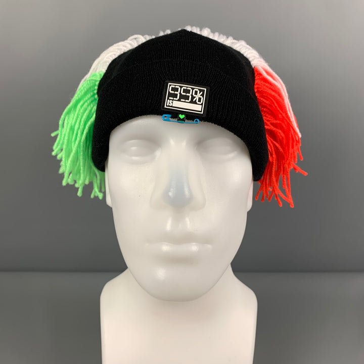 99 PERCENTIS Black Multi-Color Acrylic Fringe Beanie