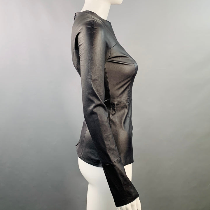 CELINE Size 2 Black Lambskin Leather Long Sleeve Back Zipper Dress Top