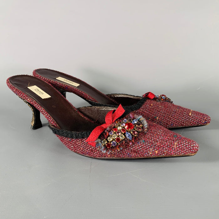 PRADA Size 7.5 Purple Blue Fabric Bow Mules Pumps