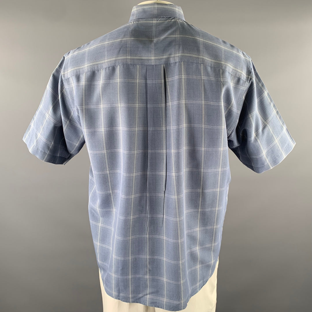 PERRY ELLIS Size L Blue Grey Plaid Rayon Blend Pointed Collar Short Sleeve Shirt