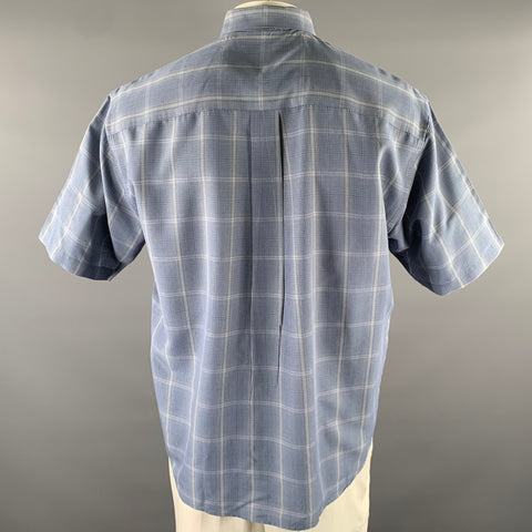 PERRY ELLIS Size L Blue Grey Plaid Rayon Blend Pointed Collar Short Sleeve Shirt