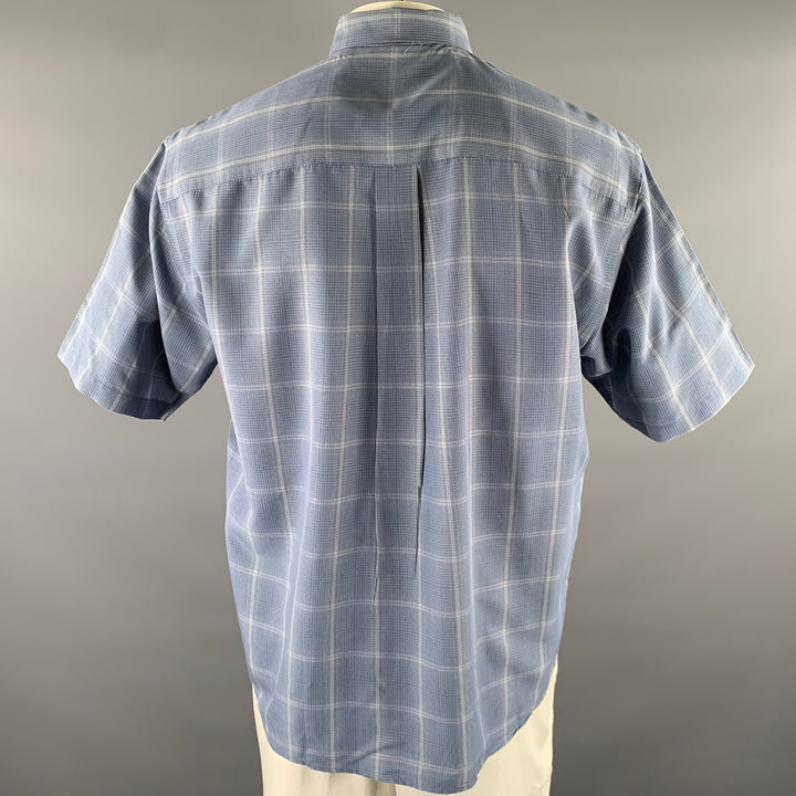 PERRY ELLIS Size L Blue Grey Plaid Rayon Blend Pointed Collar Short Sleeve Shirt