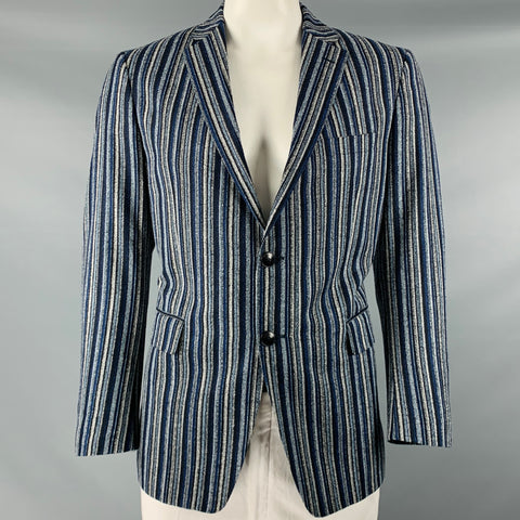 ETRO Talla 42 Abrigo deportivo con solapa de muesca en mezcla de lana a rayas, color azul marino, negro y blanco