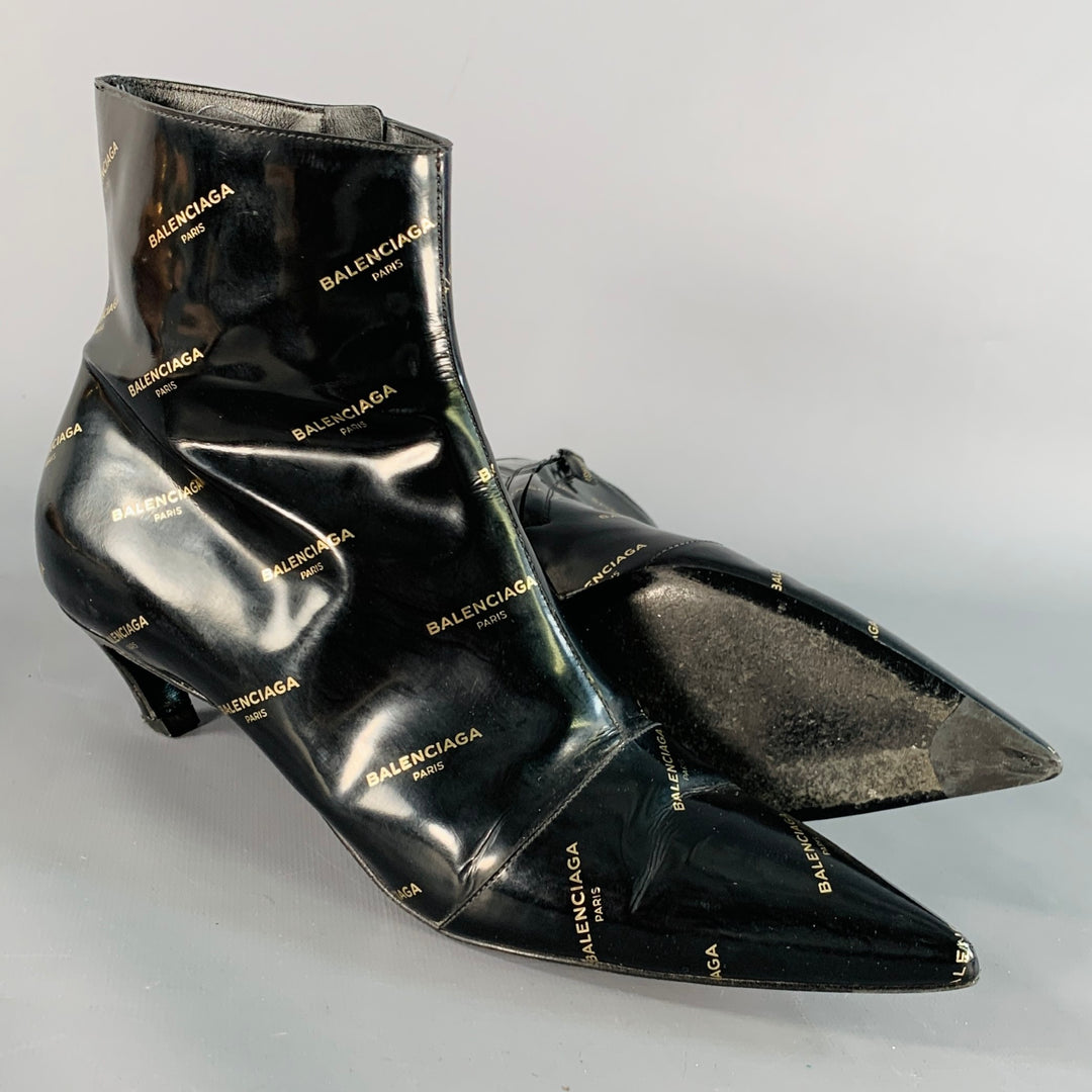BALENCIAGA Size 8 Black Gold Logo Patent Leather Ankle Kitten Heel Boots