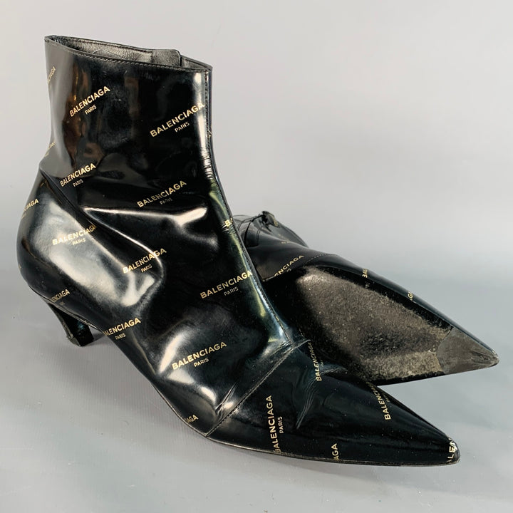 BALENCIAGA Size 8 Black Gold Logo Patent Leather Ankle Kitten Heel Boots