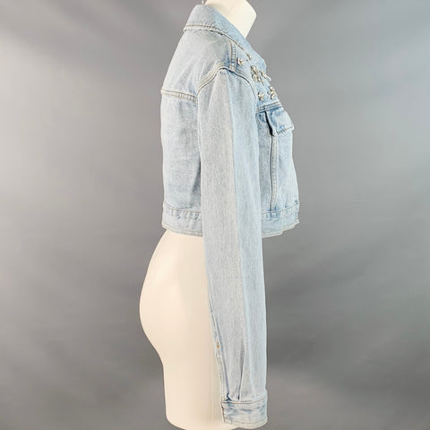 SELF-PORTRAIT Size 6 Blue Cotton Rhinestones Cropped Denim Jacket
