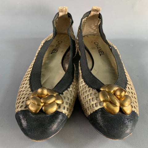 CHANEL Size 10 Gold Black Mesh Textured Ballet Flats