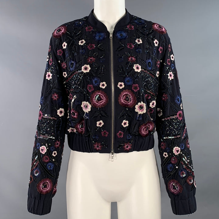 NEEDLE AND THREAD Size 4 Navy Burgundy White Embroidered Floral Bomber Jacket