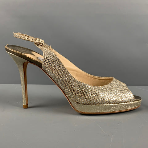 JIMMY CHOO Zapatos de tacón con tira trasera de cuero plateado talla 10