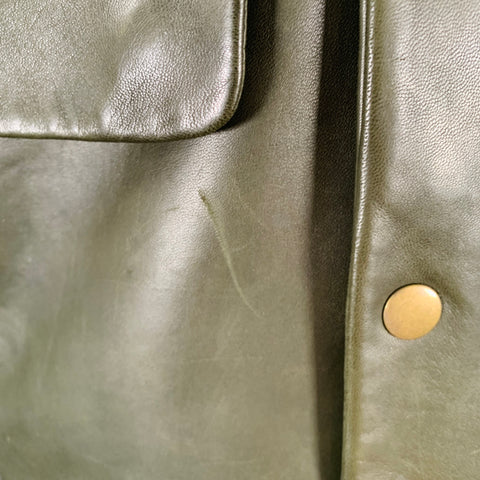 VINTAGE Size 46 Green Leather Zip & Snaps Jacket