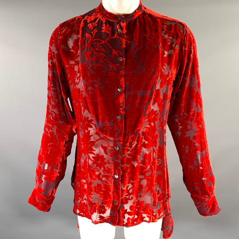 ANN DEMEULEMEESTER Size S Red Silk Blend Band Collar Long Sleeve Shirt