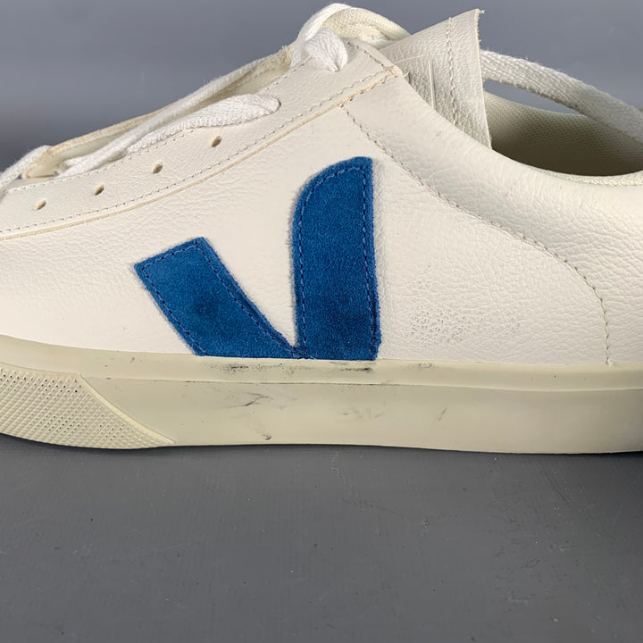 VEJA Size 11 White Blue Leather Low Top Lace-Up Sneakers
