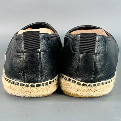 SAINT LAURENT Size 12 Black Natural Logo Leather Espadrille Sneakers
