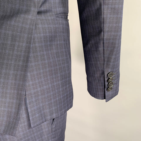 BOGGI Chest Size 36 Navy Blue Tartan Wool Notch Lapel 34 28 Suit