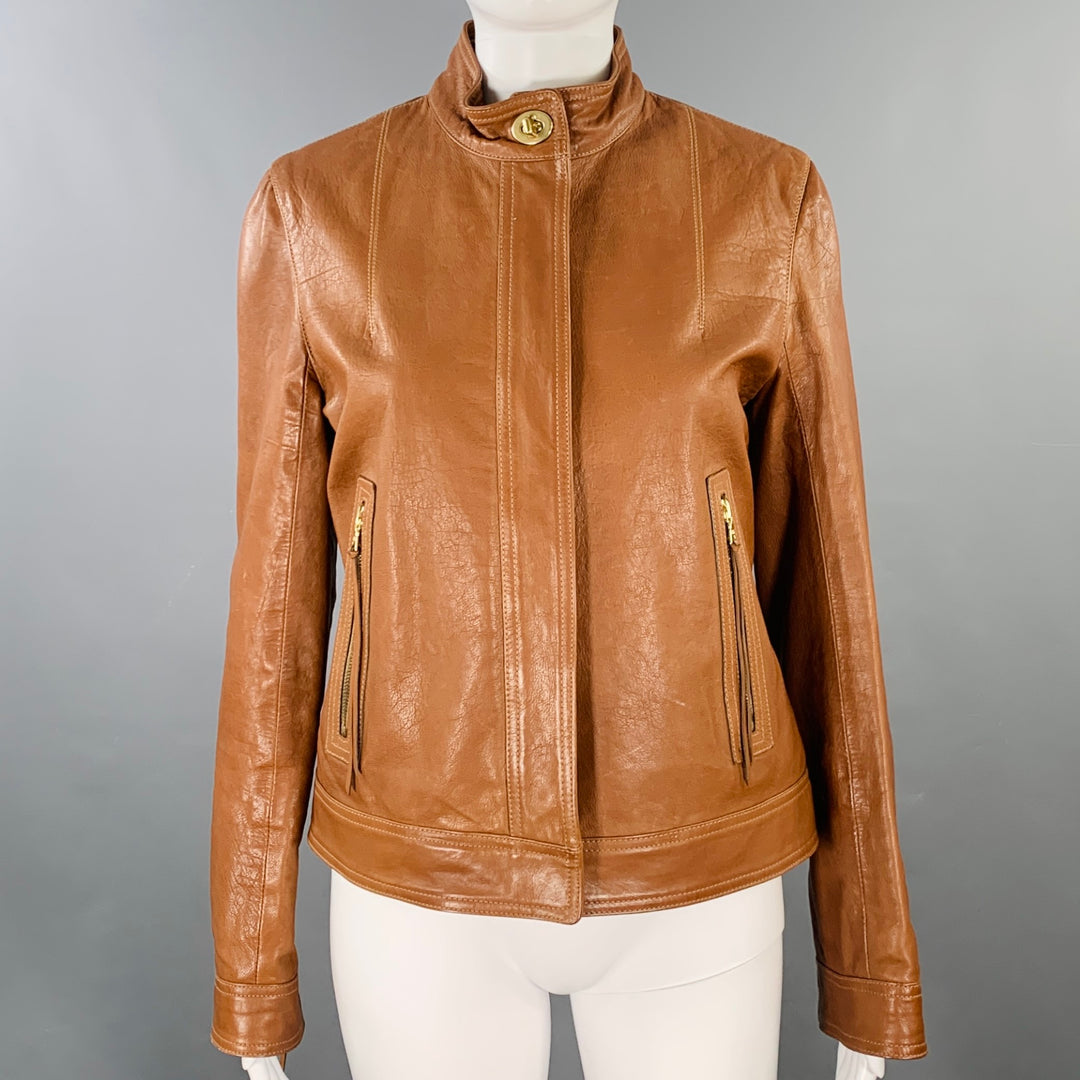 COACH Size 8 Brown Gold Leather Zip Pockets Jacket