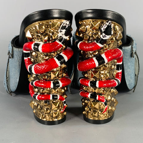 GUCCI Size 8 Trompe L'oeil Blue Red Gold Beaded Mules Sandals