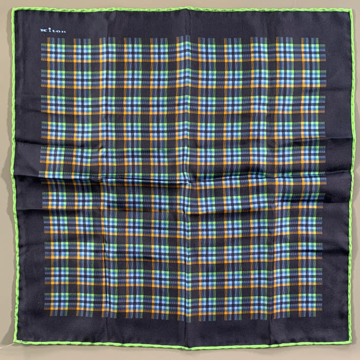KITON Navy Green Plaid Silk Pocket Square