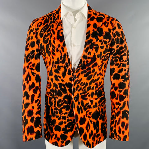 R13 Size 38 Orange Black Leopard  Print Cotton Velvet Notch Lapel Sport Coat