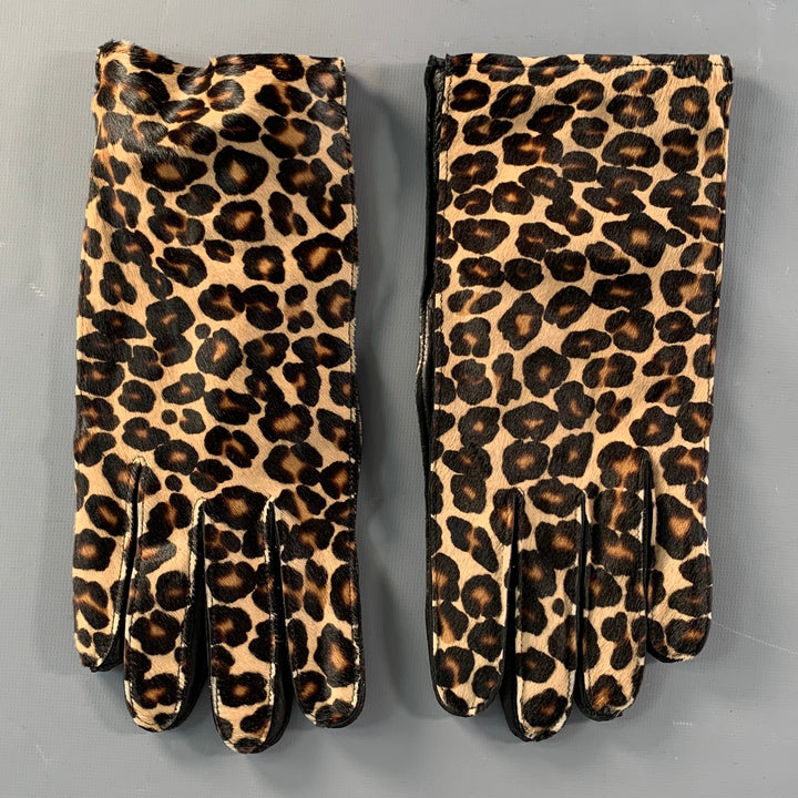 BURBERRY PRORSUM Size 8.5 Beige Brown Black Animal Print Calf Hair Gloves