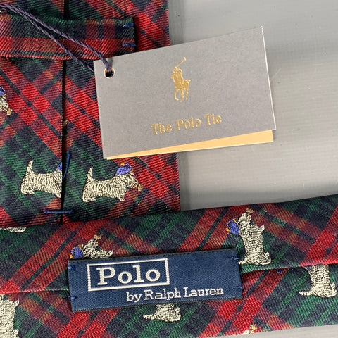 POLO by RALPH LAUREN Scottish Terrier Red Green Plaid Silk Tie
