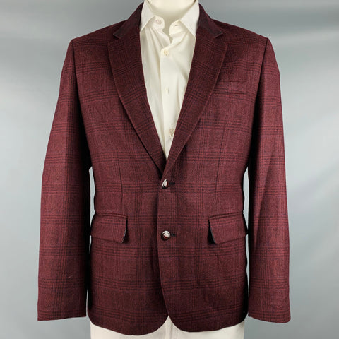ROBERT GRAHAM Size 44 Burgundy Black Plaid Wool Notch Lapel Sport Coat