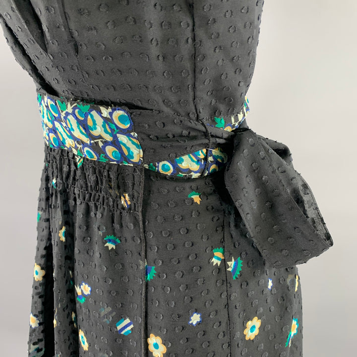 ANNA SUI Size 4 Black Blue Silk Floral Midi Knee-Length Dress