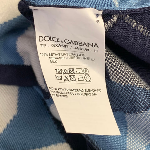 DOLCE & GABBANA Size L Blue White Graphic Geometric Silk Short Sleeve Polo