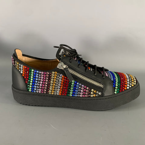 GIUSEPPE ZANOTTI Size 13 Black Multi Color Studded Mixed Fabrics Zip Sneakers