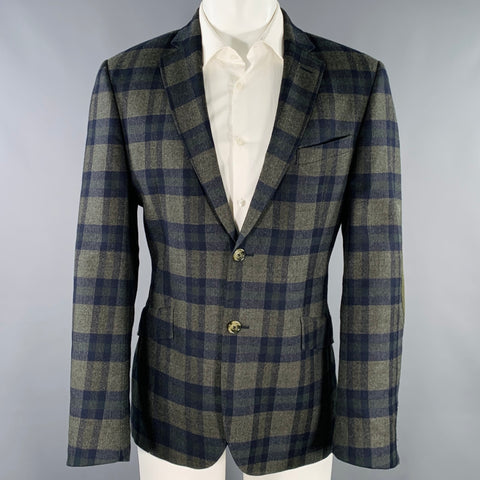 NIGEL HALL Size 40 Green Navy Checkered Wool Notch Lapel Sport Coat
