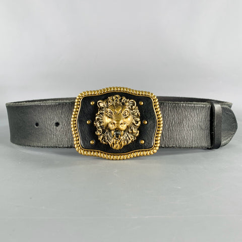 GUCCI Size 36 Black Gold Leather Metal Belt