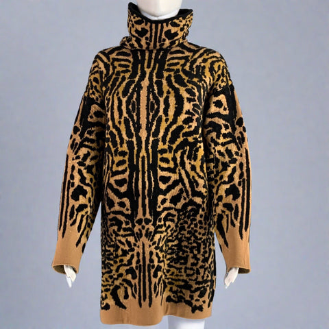 GIVENCHY Talla XS Suéter de cuello alto de leopardo en mezcla de lana camel negro