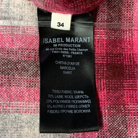 ISABEL MARANT ETOILE Size S Marcelia Grey Fuchsia Wool Blend Plaid Snaps Shirt