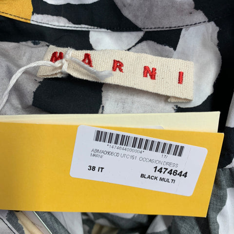 MARNI Size 2 Euphoria Black White Yellow Poplin Floral Pockets Belted Mini Shirt Dress