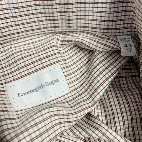 ERMENEGILDO ZEGNA Size L White Brown Checkered Cotton Slim Fit Long Sleeve Shirt